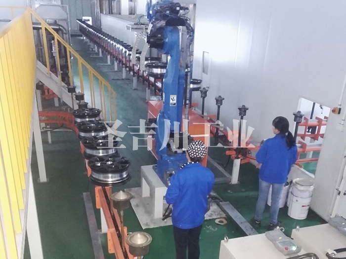 从化铝轮毂底粉固化后机器人转线机构