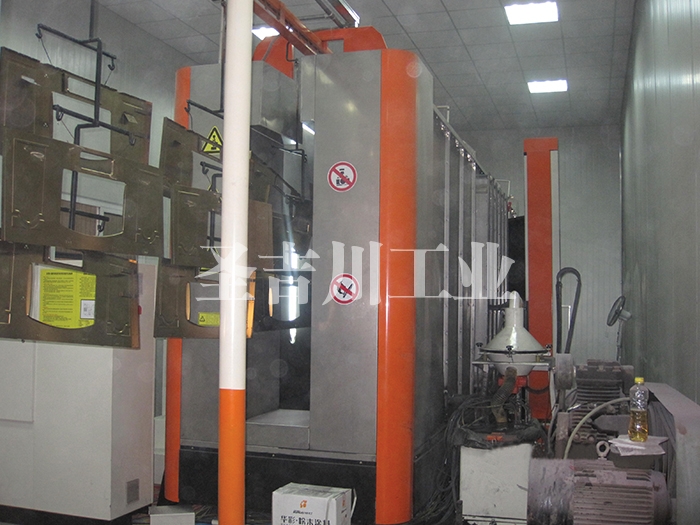 Automatic powder spraying line for box shell